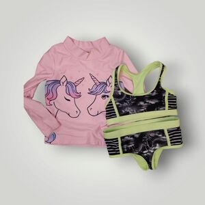 Girls bathing suit lot unicorn rashguard and two piece sizd 5 4/5